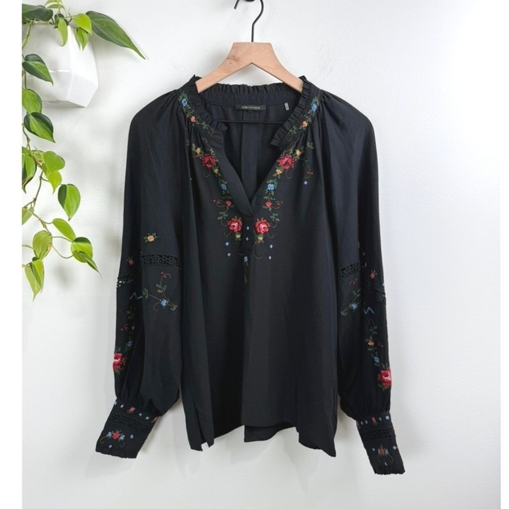 Kobi Halperin Farrah Embroidered Crossstitch Linen Blend Peasant Blouse L Boho